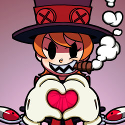 Rule 34 | &gt;:), 1girl, bow, cigar, crossed arms, extra eyes, gloves, hat, heart, heart hands, hollow eyes, looking at viewer, mechanical arms, no eyes, orange hair, parted lips, peacock (skullgirls), red eyes, sharp teeth, shisen, short hair, single mechanical arm, skullgirls, smile, smoke, smoke heart, smoking, solo, teeth, top hat, uneven eyes, v-shaped eyebrows