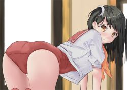 Rule 34 | 1girl, all fours, ass, bad id, bad pixiv id, black hair, blush, brown eyes, from behind, long hair, looking back, one-piece swimsuit, original, school uniform, serafuku, solo, swimsuit, swimsuit under clothes, twintails, two side up, xiffy