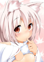 Rule 34 | 1girl, animal ears, blush, breasts, brown eyes, clothes lift, finger to mouth, inubashiri momiji, long sleeves, looking at viewer, nipples, shirt lift, silver hair, small breasts, solo, terazip, touhou, upper body, wide sleeves, wolf ears