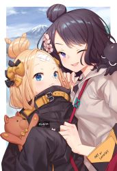 Rule 34 | 2girls, abigail williams (fate), abigail williams (traveling outfit) (fate), alternate hairstyle, bag, bandaid, bandaid on face, bandaid on forehead, belt, black bow, black jacket, blonde hair, blue eyes, blue sky, blush, bow, day, fate/grand order, fate (series), forehead, grey sweater, hair bow, hair bun, hair ornament, high collar, highres, holding, holding stuffed toy, jacket, katsushika hokusai (fate), katsushika hokusai (traveling outfit) (fate), long hair, looking at viewer, lucidsky, mountain, multiple girls, octopus, official alternate costume, one eye closed, orange bow, parted bangs, polka dot, polka dot bow, purple eyes, purple hair, short hair, shoulder bag, single hair bun, sky, sleeves past fingers, sleeves past wrists, stuffed animal, stuffed toy, sweater, teddy bear