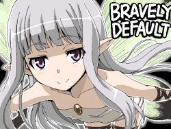 Rule 34 | 1girl, aerie (bravely default), bare shoulders, bent over, blunt bangs, bravely default: flying fairy, bravely default (series), breasts, butterfly wings, closed mouth, collarbone, copyright name, dress, eyes visible through hair, fairy, flat chest, green wings, insect wings, jaggy lines, pointy ears, purple eyes, refance, small breasts, smile, solo, split mouth, strapless, strapless dress, thigh gap, white dress, wings