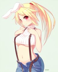 Rule 34 | 1girl, animal ears, artist name, belt, blonde hair, blue panties, blueberry (5959), blush, breasts, crop top, hair ribbon, highres, large breasts, long hair, looking away, midriff, navel, open belt, open fly, original, panties, pants, ponytail, rabbit ears, red eyes, ribbon, simple background, smile, solo, striped clothes, striped panties, suspenders, turtleneck, unbuckled, unbuttoned, underboob, underwear, unzipped