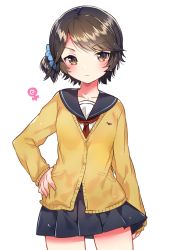 Rule 34 | 1girl, black skirt, blue scrunchie, blush, brown eyes, brown hair, cardigan, closed mouth, collarbone, commentary request, cowboy shot, fingernails, hair ornament, hair scrunchie, hand on own hip, ichihaya, long sleeves, looking at viewer, neckerchief, one side up, original, pleated skirt, red neckerchief, school uniform, scrunchie, serafuku, shirt, simple background, skirt, solo, v-shaped eyebrows, venus symbol, white background, white shirt