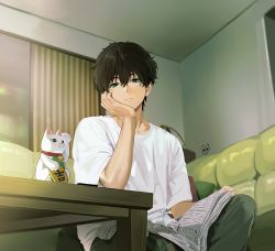 Rule 34 | 1boy, artist logo, black hair, casual, coin, couch, dated, gold, green eyes, green pants, hand on own face, highres, hyouka, indian style, indoors, koban (gold), living room, male focus, maneki-neko, mery (yangmalgage), newspaper, official style, oreki houtarou, pants, shirt, short hair, sitting, solo, t-shirt, table, white shirt, window