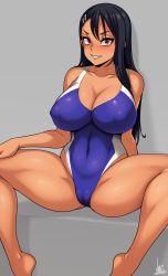 Rule 34 | 1girl, absurdres, alternate breast size, ass, black hair, blue one-piece swimsuit, breasts, cameltoe, cleavage, competition swimsuit, covered erect nipples, curvy, dark-skinned female, dark skin, hair ornament, hairclip, highleg, highleg swimsuit, highres, huge breasts, ijiranaide nagatoro-san, jmg, long hair, looking at viewer, nagatoro hayase, one-piece swimsuit, red eyes, shiny skin, simple background, sitting, spread legs, swimsuit, watermark, wide hips