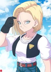 Rule 34 | 1girl, absurdres, android 18, bead necklace, beads, belt, black gloves, blonde hair, blue eyes, blue sky, breasts, chris re5, cloud, cropped vest, day, dragon ball, dragonball z, earrings, gloves, high-waist pants, highres, jewelry, medium breasts, necklace, pants, signature, sky, solo, sunlight, upper body, vest