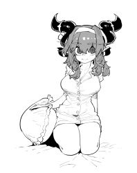 Rule 34 | 1girl, alexstrasza, breasts, cleavage, closed mouth, collared shirt, commentary, dragon horns, greyscale, hairband, highres, horns, large breasts, long eyebrows, looking at viewer, monochrome, naked shirt, no nose, pointy ears, seiza, shirt, short sleeves, simple background, sitting, smile, solo, ssambatea, warcraft, white background, wing collar, world of warcraft