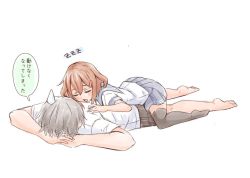 Rule 34 | 10s, 1boy, 1girl, admiral (kancolle), black hair, black thighhighs, brown hair, closed eyes, commentary request, fujishima shinnosuke, hair ornament, hairclip, ikazuchi (kancolle), kantai collection, lying, on floor, on stomach, open mouth, pleated skirt, school uniform, serafuku, short hair, short sleeves, simple background, skirt, sleeping, sleeping on person, straddling, sweatdrop, thighhighs, translated, white background, zzz