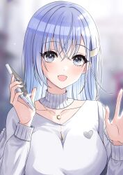 Rule 34 | 1girl, :d, blue hair, blurry, blurry background, blush, breasts, cellphone, crossed bangs, hair ornament, hairclip, hands up, heart, hi ta ne, highres, holding, holding phone, idolmaster, idolmaster shiny colors, jewelry, large breasts, long hair, long sleeves, looking at viewer, necklace, open mouth, phone, smartphone, smile, solo, suzuki hana, upper body