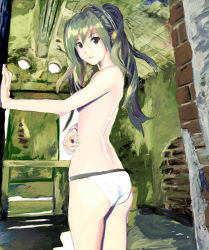 Rule 34 | 1girl, ass, back, bad id, bad pixiv id, black eyes, faux traditional media, from behind, green hair, hatsune miku, headphones, highres, long hair, looking back, open mouth, panties, scratching, shuku, solo, speed painting, standing, topless, twintails, underwear, vocaloid, white panties