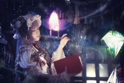 Rule 34 | 1girl, blurry, blurry background, book, closed eyes, closed mouth, cosplay, cosplay photo, depth of field, from side, glowing book, gsotm mik, hat, hat ornament, highres, holding, holding book, juliet sleeves, lantern, long hair, long sleeves, mob cap, patchouli knowledge, patchouli knowledge (cosplay), photo (medium), puffy sleeves, purple hair, solo, touhou, upper body, very long hair