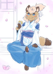 Rule 34 | 1girl, animal ear fluff, animal ears, animal feet, animal nose, barefoot, blonde hair, blue eyes, blue hakama, blue kimono, blush, body fur, bright pupils, brown fur, closed mouth, clothing cutout, doughnut, eating, facial mark, feet, female focus, food, food bite, full body, furry, furry female, hakama, half-closed eyes, hand up, happy, highres, holding, holding food, japanese clothes, kame (3t), kimono, long sleeves, miko, obi, original, pawpads, petals, plate, raccoon ears, raccoon girl, raccoon tail, rin-chan (kame (3t)), sash, shide, short hair, shoulder cutout, sitting, sketch, smile, solo, split mouth, swept bangs, tail, topknot, two-tone fur, white background, white pupils, wide sleeves
