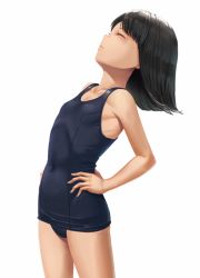 Rule 34 | 1girl, bare shoulders, black hair, breasts, covered navel, closed eyes, hands on own hips, medium hair, one-piece swimsuit, original, ranma (kamenrideroz), school swimsuit, simple background, small breasts, solo, swimsuit, white background