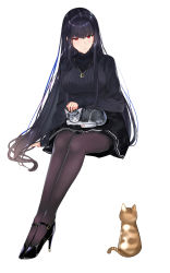 Rule 34 | 1girl, black footwear, black hair, black pantyhose, black skirt, black sweater, breasts, cat, earrings, full body, high heels, highres, invisible chair, jewelry, large breasts, legs, long hair, looking at animal, mary janes, miniskirt, mole, mole under mouth, muka tsuku, necklace, original, pantyhose, petting, red eyes, shoes, simple background, sitting, skirt, sleeves past wrists, solo, sweater, turtleneck, turtleneck sweater, very long hair, white background
