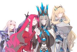 Rule 34 | 4girls, amdamnet, arm hug, armor, baobhan sith (fate), baobhan sith (first ascension) (fate), barghest (fate), barghest (first ascension) (fate), black dress, black gloves, blonde hair, blue eyes, blush, closed eyes, closed mouth, clothing cutout, crown, detached sleeves, dress, earrings, fate/grand order, fate (series), frilled dress, frills, gloves, hair ornament, highres, jewelry, long hair, melusine (fate), melusine (first ascension) (fate), morgan le fay (fate), morgan le fay (queen of winter) (fate), mother and daughter, multiple girls, navel cutout, pink hair, pointing, pointing up, pointy ears, red dress, sidelocks, smile, teeth, veil, white background, white dress, white hair, yellow eyes