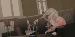 Rule 34 | 2girls, absurdres, ahoge, black bow, black dress, black legwear, black shorts, black sweater, blush, bow, braid, breasts, chihuri, closed eyes, commentary request, couch, dress, flower, french kiss, girl on top, grey hair, hair between eyes, hair bow, highres, indoors, kiss, pantyhose under shorts, lying, medium breasts, multiple girls, on back, on couch, original, pantyhose, pillow, pink hair, radiator, red flower, red rose, ribbed sweater, rose, shirt, short shorts, shorts, sleeveless, sleeveless dress, sweater, table, vase, white bow, white shirt, window, yana (chihuri), yuri, zoya petrovna vecheslova