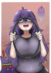 Rule 34 | !, 1girl, ahoge, alternate breast size, alternate costume, bare arms, behind another, blue eyes, breasts, casual, collarbone, commentary, controller, covered navel, creatures (company), d:, drooling, english commentary, exhausted, game controller, game freak, gen 1 pokemon, gengar, ghost, giving up the ghost, hair between eyes, hands up, headband, hex maniac (pokemon), highres, holding, holding controller, huge breasts, john (a2556349), joy-con, long hair, looking at another, mouth drool, nintendo, open mouth, playing games, pokemon, pokemon (creature), pokemon xy, purple hair, ring-con, ring fit adventure, ringed eyes, shirt, short sleeves, solo focus, sweat, sweatdrop, t-shirt, trembling, wide-eyed