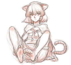 Rule 34 | 1girl, animal ears, barefoot, capelet, dress, feet, gem, jewelry, kuro suto sukii, limited palette, monochrome, mouse ears, mouse tail, nazrin, neckerchief, pendant, sitting, soles, solo, tail, toes, touhou