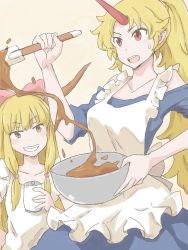 Rule 34 | 2girls, alternate costume, apron, beer can, blonde hair, blue dress, blush, bow, bowl, breasts, brown background, brown eyes, can, chocolate, chocolate making, collarbone, dress, drink can, frilled apron, frills, grin, hair bow, hair tie, horns, hoshiguma yuugi, ibuki suika, jack (wkm74959), long hair, long sleeves, looking at another, multiple girls, off-shoulder dress, off shoulder, open mouth, pointy ears, ponytail, red eyes, simple background, single horn, sketch, smile, teeth, tongue, touhou