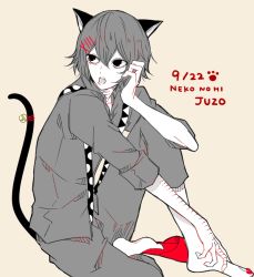 Rule 34 | 10s, 1boy, alternate color, alternate eye color, alternate hair color, animal ears, animal hands, awara kayu, barefoot, bell, black eyes, cat ears, cat tail, character name, commentary request, dated, fang, feet, full body, grey legwear, grey shirt, hair between eyes, hair ornament, hairclip, hand on own face, looking to the side, male focus, nail polish, red footwear, red nails, roman numeral, shirt, shoes, short hair, simple background, sitting, sleeves rolled up, solo, stitched face, stitches, suspenders, suzuya juuzou, tail, tail bell, tail ornament, toenail polish, toenails, tokyo ghoul, tokyo ghoul:re, x hair ornament