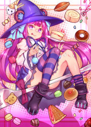 Rule 34 | 1girl, boots, cake, candy, candy cane, doughnut, dumpty alma, emil chronicle online, food, fork, full body, hat, highres, long hair, looking at viewer, macaron, pie, purple eyes, purple hair, puzzle &amp; dragons, shennai misha, smile, solo, striped clothes, striped thighhighs, swiss roll, thighhighs, witch hat
