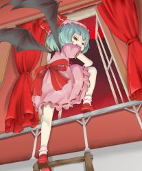 Rule 34 | 1girl, bat wings, blue hair, bow, curtains, dress, fang, female focus, from below, hat, indoors, ladder, large bow, looking back, moon, ohyo, red eyes, red moon, remilia scarlet, ribbon, sky, smirk, solo, touhou, vampire, window, wings