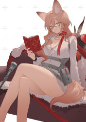 Rule 34 | 1girl, absurdres, animal ear fluff, animal ears, arknights, ass, bare legs, bespectacled, black ribbon, blue eyes, book, breasts, brown hair, can, cat ears, cat girl, cleavage, commentary, commission, couch, dress, english text, feather boa, feet out of frame, glasses, hat, hat ribbon, heidi (arknights), highres, holding, holding book, holster, infection monitor (arknights), large breasts, legs, long hair, long sleeves, looking down, neck ribbon, open book, pouch, reading, rectangular eyewear, red hat, red ribbon, ribbon, shibuya (kurokamishain), smile, solo, thighs, white dress
