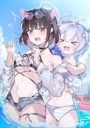 Rule 34 | !?, &gt; &lt;, 0202ase, 2girls, absurdres, ahoge, animal ears, bikini, black bikini, black hair, blue archive, blush, breasts, can, cat ears, colored inner hair, day, double bun, extra ears, grey shorts, hair bun, hair ornament, halo, highres, holding, holding can, kazusa (blue archive), long hair, multicolored hair, multiple girls, navel, open fly, open mouth, outdoors, pink hair, pink halo, purple bikini, purple hair, red eyes, reisa (blue archive), short hair, short shorts, shorts, small breasts, smile, star (symbol), star hair ornament, swimsuit, water