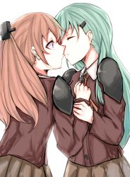 Rule 34 | 10s, 2girls, aqua hair, ascot, blazer, blue eyes, brown hair, brown skirt, cowboy shot, closed eyes, female focus, from side, hair ornament, hairclip, highres, holding another&#039;s wrist, imminent kiss, jacket, kantai collection, kumano (kancolle), long hair, long sleeves, looking at another, multiple girls, neck, nyakonro (nekonro), parted lips, pleated skirt, ponytail, profile, school uniform, skirt, surprised, suzuya (kancolle), white background, yuri