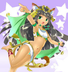Rule 34 | 1girl, animal ears, anklet, armlet, armpits, bandeau, bare shoulders, barefoot, bastet (p&amp;d), black hair, bra-cky, bracer, cat ears, cat tail, collarbone, dark-skinned female, dark skin, egyptian, egyptian clothes, fingernails, green eyes, green nails, groin, jewelry, leg up, long hair, lots of jewelry, midriff, miniskirt, nail polish, navel, necklace, open mouth, panties, pantyshot, pointing, purple background, puzzle &amp; dragons, skirt, solo, standing, star (symbol), striped clothes, striped panties, tail, tiara, toenail polish, toenails, underwear, white skirt