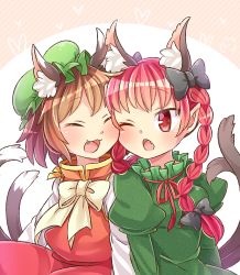 Rule 34 | 2girls, :3, :d, ^ ^, animal ears, black ribbon, braid, brown hair, cat ears, cat tail, cheek-to-cheek, chen, closed eyes, earrings, fang, green hat, hair ribbon, hat, heads together, heart, heart background, ibaraki natou, jewelry, kaenbyou rin, long sleeves, mob cap, multiple girls, multiple tails, nekomata, one eye closed, open mouth, red eyes, red hair, ribbon, short hair, single earring, smile, striped, striped background, tail, touhou, tress ribbon, two tails