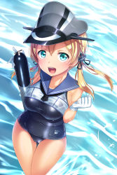 Rule 34 | 1girl, :d, aqua eyes, breasts, cameltoe, cosplay, gloves, hat, highres, kantai collection, large breasts, long hair, looking at viewer, one-piece swimsuit, open mouth, prinz eugen (kancolle), ro-500 (kancolle), ro-500 (kancolle) (cosplay), satou kuuki, school swimsuit, shiny clothes, smile, solo, swimsuit, torpedo, twintails, water, wet