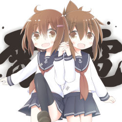 Rule 34 | 10s, 2girls, anchor symbol, ayanepuna, blush stickers, brown eyes, brown hair, commentary request, fang, folded ponytail, gradient background, hair ornament, hairclip, highres, holding hands, ikazuchi (kancolle), inazuma (kancolle), kantai collection, looking at viewer, multiple girls, neckerchief, open mouth, school uniform, serafuku, short hair, skirt, thighhighs