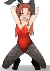Rule 34 | 1girl, animal ears, armpits, arms behind head, blush, breasts, brown eyes, brown hair, fake animal ears, fishnet pantyhose, fishnets, girls und panzer, hair ribbon, half-closed eyes, highres, kadotani anzu, leotard, long hair, looking at viewer, ngc20701, open mouth, pantyhose, playboy bunny, presenting armpit, rabbit ears, red leotard, ribbon, simple background, small breasts, smile, solo, twintails, white background