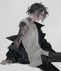 Rule 34 | 1boy, absurdres, arm support, arm tattoo, black eyes, black hair, black jacket, black pants, collarbone, commentary, ear piercing, earrings, english commentary, grey background, hair bun, highres, jacket, jewelry, kamui (kurohshiro1), looking at viewer, male focus, multiple piercings, multiple rings, neck tattoo, off shoulder, open clothes, open jacket, original, pants, parted lips, piercing, profile, ring, shirt, short hair, shoulder tattoo, sidelocks, sideways glance, simple background, single hair bun, sitting, sleeveless, sleeveless shirt, solo, tank top, tattoo, white shirt, white tank top