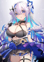 Rule 34 | 1girl, absurdres, alternate breast size, amane kanata, amane kanata (another world), angel, angel wings, blue hair, breasts, cleavage, collar, colored inner hair, double bun, feathered wings, frills, gloves, grey background, grey hair, hair between eyes, hair bun, hair ornament, highres, hololive, instrument, juu p, large breasts, long hair, multicolored hair, open mouth, parted lips, purple eyes, simple background, single hair intake, skindentation, skirt, solo, thick thighs, thigh strap, thighs, tuba, virtual youtuber, wings