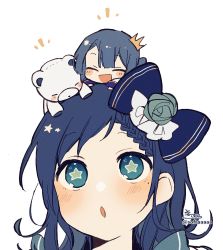 Rule 34 | 2girls, :d, ^ ^, aiba uiha, blue bow, blue eyes, blue flower, blue hair, blue rose, blush, blush stickers, bow, braid, braided bangs, closed eyes, crown, closed eyes, flower, hair bow, hair flower, hair ornament, highres, long hair, mini crown, multiple girls, nijisanji, notice lines, on head, open mouth, parted lips, rose, signature, simple background, smile, sofra, star-shaped pupils, star (symbol), stuffed animal, stuffed toy, symbol-shaped pupils, teddy bear, tilted headwear, twitter username, virtual youtuber, white background