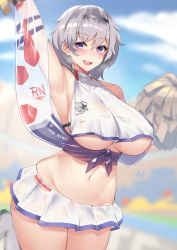 Rule 34 | 1girl, alternate costume, arm up, armpits, azur lane, bare shoulders, black hairband, blurry, blurry background, blush, breasts, cheerleader, clothes writing, cloud, collarbone, commentary request, cowboy shot, crop top, day, grey hair, groin, hair between eyes, hairband, hand up, highres, kuavera, large breasts, looking at viewer, miniskirt, navel, open mouth, outdoors, pom pom (cheerleading), purple eyes, reno (azur lane), reno (biggest little cheerleader) (azur lane), short hair, skirt, smile, solo, standing, standing on one leg, teeth, thighs, tongue, underboob, upper teeth only, white footwear, white skirt, wide hips