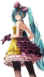 Rule 34 | 1girl, aqua eyes, black pantyhose, blue hair, bow, closed mouth, dress, from behind, gloves, hair between eyes, hair bow, hatsune miku, highres, layered dress, long hair, looking at viewer, looking back, pantyhose, project diva (series), purple bow, purple gloves, short dress, shoulder blades, simple background, sleeveless, sleeveless dress, smile, solo, standing, tsukishiro saika, twintails, very long hair, vocaloid, white background, yellow dress