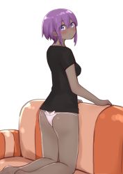 Rule 34 | 1girl, ass, black shirt, blush, breasts, closed mouth, couch, dark-skinned female, dark skin, fate/prototype, fate/prototype: fragments of blue and silver, fate (series), from behind, hair between eyes, hassan of serenity (fate), highres, i.u.y, kneeling, looking at viewer, looking back, no pants, on couch, panties, pink panties, purple eyes, purple hair, shirt, short sleeves, simple background, small breasts, solo, underwear, white background