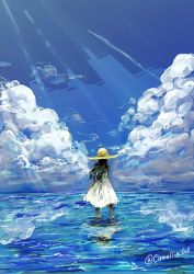 Rule 34 | 1girl, akagi shun, bad id, bad twitter id, black hair, blue sky, cloud, commentary request, day, dress, facing away, from behind, hat, horizon, light rays, long hair, ocean, outdoors, sky, solo, standing, sun hat, twitter username, wading, white dress
