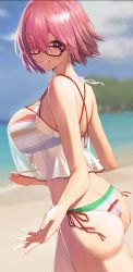 Rule 34 | 1girl, absurdres, ass, bare arms, bare shoulders, beach, bikini, black-framed eyewear, blurry, blurry background, breasts, cowboy shot, day, depth of field, eyes visible through hair, fate/grand order, fate (series), from side, glasses, hair over one eye, highres, large breasts, looking at viewer, looking to the side, mash kyrielight, mash kyrielight (swimsuit of perpetual summer ver.02), multicolored bikini, multicolored clothes, outdoors, outstretched hand, parted lips, pink hair, purple eyes, red ribbon, ribbon, rororo, see-through, short hair, side-tie bikini bottom, smile, solo, swimsuit