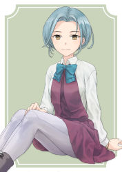 Rule 34 | 1girl, aqua bow, aqua bowtie, bow, bowtie, brown eyes, closed mouth, collared shirt, dress, feet out of frame, grey hair, grey pantyhose, highres, kantai collection, long sleeves, looking at viewer, mole, mole on neck, pantyhose, pleated dress, purple dress, shirt, short hair, solo, tamanami (kancolle), taruya, white shirt