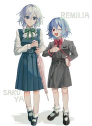 Rule 34 | 2girls, ;d, absurdres, alternate costume, blue eyes, blue hair, blush, bow, braid, character name, closed mouth, commentary request, fang, full body, green ribbon, grey hair, hand on own hip, highres, holding, holding umbrella, izayoi sakuya, medium hair, multiple girls, nail polish, neck ribbon, one eye closed, open mouth, pointy ears, red bow, red eyes, red nails, remilia scarlet, ribbon, sidelocks, simple background, skin fang, smile, socks, standing, touhou, twin braids, umbrella, white background, white socks, yanfei u