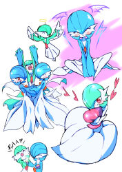 Rule 34 | 3girls, ^ ^, absurdres, alternate color, arms up, bare shoulders, blue hair, blue skin, blush, bob cut, closed eyes, closed mouth, colored skin, constricted pupils, coo (bkkm3910), creatures (company), drawn wings, dress, elbow gloves, fake halo, fake wings, female focus, flat chest, food, full body, game freak, gardevoir, gen 3 pokemon, gloves, green hair, green skin, hair between eyes, hair over one eye, halo, happy, heart, heart-shaped pillow, highres, holding, holding food, holding hands, hugging object, interlocked fingers, japanese text, lightning bolt symbol, long dress, looking at another, looking at viewer, mega gardevoir, mega pokemon, multicolored skin, multiple girls, multiple views, nintendo, no mouth, one eye covered, orange eyes, outstretched arms, own hands together, pillow, pillow hug, pink background, pokemon, pokemon (creature), red eyes, roasted sweet potato, sharing food, shiny pokemon, short hair, sideways mouth, simple background, sitting, smile, split mouth, spread legs, steam, sweet potato, translation request, two-tone skin, v arms, white background, white dress, white gloves, white skin, white wings, wings