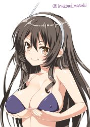 Rule 34 | 10s, 1girl, ashigara (kancolle), bikini, breast hold, breasts, brown eyes, brown hair, cleavage, covered erect nipples, fang, female focus, hairband, inuzumi masaki, kantai collection, large breasts, long hair, looking at viewer, micro bikini, smile, solo, swimsuit, twitter username, upper body, white background