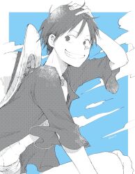 Rule 34 | 1boy, black hair, blue background, border, cloud, elbow sleeves, floating hair, from side, greyscale, grin, halftone, hand on own head, hat, hat on back, highres, looking at viewer, looking to the side, male focus, monkey d. luffy, monochrome, nekochanko1, nose, one piece, open clothes, open shirt, partially colored, profile, sash, scar, scar on face, short hair, sky, smile, solo, straw hat, very short hair, white border