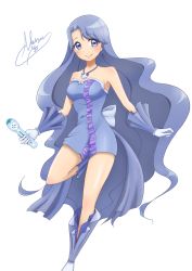 Rule 34 | 1girl, absurdres, bare shoulders, beautiful witch sakuran, blue dress, blue eyes, blue footwear, blue gloves, blue hair, dress, frilled dress, frills, full body, gloves, highres, idol, jewelry, long hair, looking at viewer, mermaid melody pichi pichi pitch, microphone, necklace, noel (mermaid melody pichi pichi pitch), short dress, signature, simple background, solo, swept bangs, wavy hair, white background