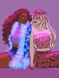 Rule 34 | 2girls, afro, blue coat, blue eyes, blue jacket, blue nails, breasts, brown hair, brown nails, brown pants, coat, colored eyelashes, crop top, curly hair, dark-skinned female, dark skin, delancey, denim, denim skirt, earrings, eyeshadow, fashion, floral print, floral print pants, friends, fur coat, fur trim, green eyes, half updo, hand on another&#039;s hand, hat, jacket, jewelry, lace shirt, long hair, madison (my scene), makeup, medium breasts, mgtxs, mole, mole under eye, multicolored hair, multiple girls, my scene (franchise), nail polish, navel piercing, pale skin, pants, piercing, purple tube top, red hair, red lips, shirt, sitting, skirt, small breasts, strapless, streaked hair, topknot, tube top, y2k (fashion)