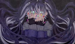 Rule 34 | 1girl, absurdres, ahoge, black hair, blue eyes, chocolate4170615, fingerless gloves, gloves, hands on own face, highres, hood, hoodie, jewelry, long hair, long sleeves, looking at viewer, multicolored hair, multicolored nails, nail polish, original, ring, smile, solo, twintails, very long hair, white hair